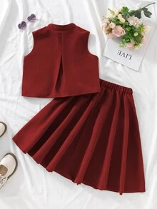 Tween Girls 2pcs/Set Summer Minimalist Solid Color Front Button Sleeveless Top And Mini Skirt Set, Casual, Outfit, Daily Wedding Red - Burgundy - View 2