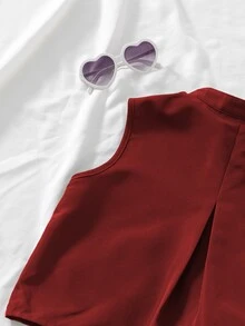青少年女孩 2件組夏季極簡純色前開扣無袖上衣與迷你裙套裝，休閒穿搭，日常婚禮紅色 - 酒紅色 - 查看 7