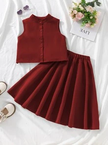 Tween Girls 2pcs/Set Summer Minimalist Solid Color Front Button Sleeveless Top And Mini Skirt Set, Casual, Outfit, Daily Wedding Red - Burgundy - View 3