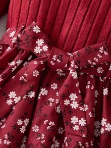 Tween Girl Round Neck Puff Sleeve Ditsy Floral Casual Dress Fall Winter - Burgundy - View 4