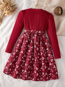 Tween Girl Round Neck Puff Sleeve Ditsy Floral Casual Dress Fall Winter - Burgundy - View 2