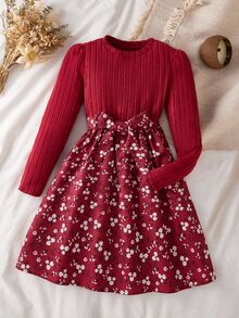 Tween Girl Round Neck Puff Sleeve Ditsy Floral Casual Dress Fall Winter - Burgundy - View 8