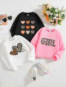 SHEIN Playful Pals 3件裝少女款「Mama's Girl」字母豹紋愛心長袖圓領運動衫，黑色與嬰兒粉，適合秋季、7歲生日、上學穿著 - 彩色 - 查看 3