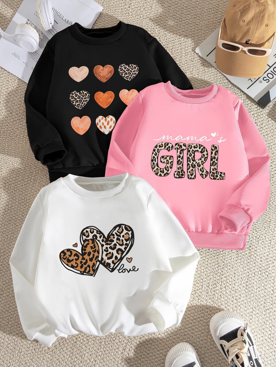 SHEIN Playful Pals 3件裝少女款「Mama's Girl」字母豹紋愛心長袖圓領運動衫,黑色與嬰兒粉,適合秋季、7歲生日、上學穿著 - 彩色 - 查看 1