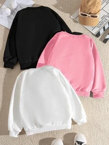 SHEIN Playful Pals 3件裝少女款「Mama's Girl」字母豹紋愛心長袖圓領運動衫，黑色與嬰兒粉，適合秋季、7歲生日、上學穿著 - 彩色 - 查看 2