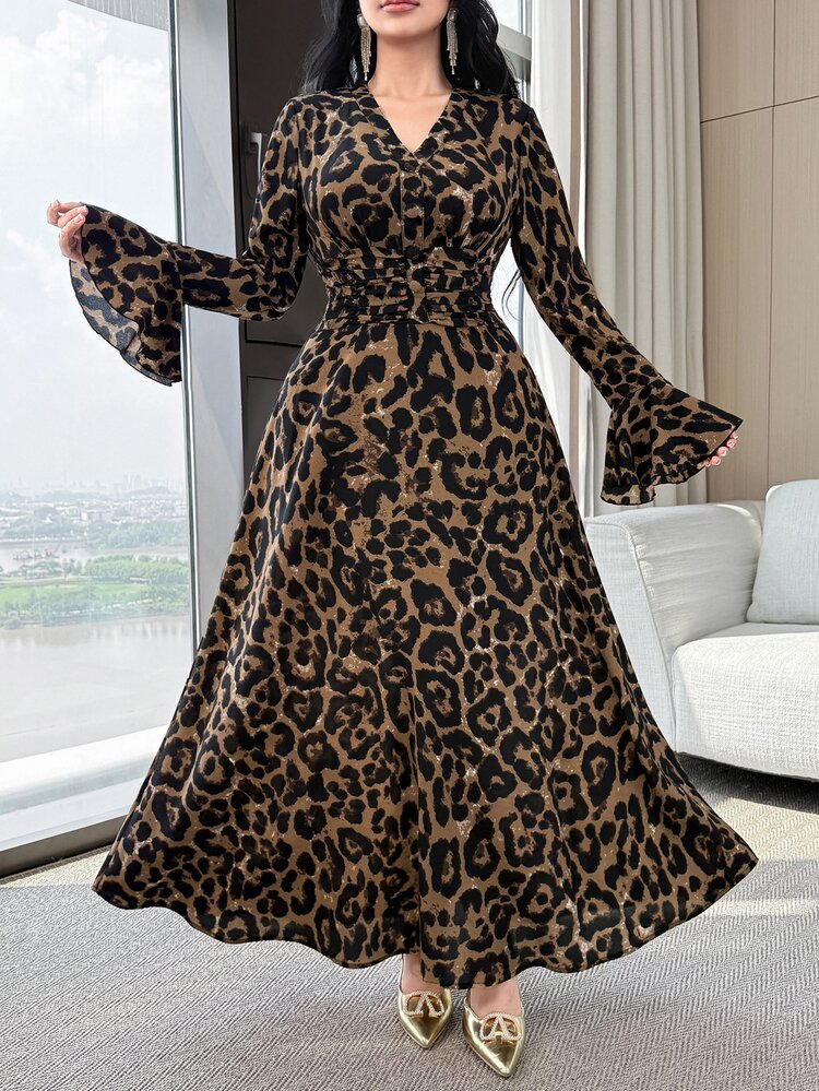 Feyla Women's Leopard Print V-Neck Long Sleeve Dress, Casual Everyday Wear - Multicolor - View 3