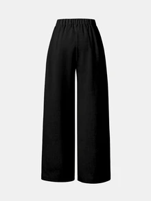 SHEIN Tween Girls' Relaxed Fit Wide Leg Casual Pocketed Black Polyester Lightweight Breathable Easy-Care Pants Embroidered Tag Accent Winter Activewear - Black - View 2
