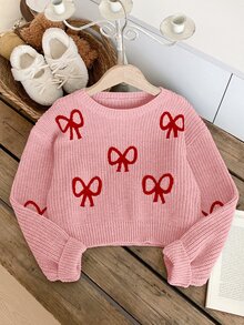 粉色可愛蝴蝶結針織套頭毛衣，秋季返校季青少年女孩服飾，百搭短版聖誕毛衣，青少年女學生 - 粉色 - 查看 6