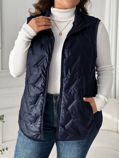 SHEIN LUNE Plus Size Solid Color Front Zip Sleeveless Pocket Casual Padded Coat, Daily Wear, For Winter Fall Autumn