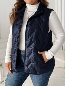 SHEIN LUNE Plus Size Solid Color Front Zip Sleeveless Pocket Casual Padded Coat, Daily Wear, For Winter Fall Autumn - Navy Blue - View 5