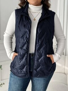 SHEIN LUNE Plus Size Solid Color Front Zip Sleeveless Pocket Casual Padded Coat, Daily Wear, For Winter Fall Autumn - Navy Blue - View 4