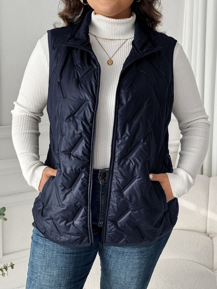 SHEIN LUNE Plus Size Solid Color Front Zip Sleeveless Pocket Casual Padded Coat, Daily Wear, For Winter Fall Autumn - Navy Blue - View 4