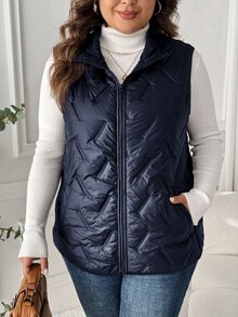SHEIN LUNE Plus Size Solid Color Front Zip Sleeveless Pocket Casual Padded Coat, Daily Wear, For Winter Fall Autumn - Navy Blue - View 6
