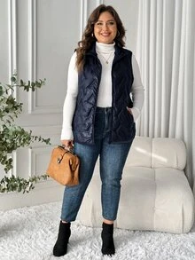 SHEIN LUNE Plus Size Solid Color Front Zip Sleeveless Pocket Casual Padded Coat, Daily Wear, For Winter Fall Autumn - Navy Blue - View 3