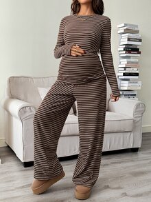 SHEIN 女款休閒冬季白色亮片孕婦條紋兩件套，長袖圓領T恤與可調腰寬腿褲家居套裝，棕色 - 棕色 - 查看 9