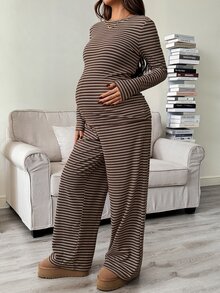 SHEIN 女款休閒冬季白色亮片孕婦條紋兩件套，長袖圓領T恤與可調腰寬腿褲家居套裝，棕色 - 棕色 - 查看 3
