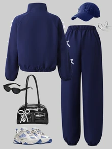 SHEIN 青少年女孩秋季套裝 2件/組 海軍藍女孩套裝，秋季休閒校園返校穿搭，白色字母刺繡，袖口與褲子裝飾蝴蝶結 - 藏蓝色 - 查看 2