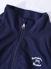 SHEIN 青少年女孩秋季套裝 2件/組 海軍藍女孩套裝，秋季休閒校園返校穿搭，白色字母刺繡，袖口與褲子裝飾蝴蝶結 - 藏蓝色 - 查看 5