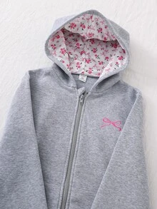 Tween Girls Fall Clothes Gray Long Sleeve Cute Sweet Floral Bow Print Double Layer Zipper Pocket Loose Jacket, Casual & Versatile, Autumn/Winter - Grey - View 2