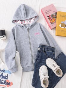 Tween Girls Fall Clothes Gray Long Sleeve Cute Sweet Floral Bow Print Double Layer Zipper Pocket Loose Jacket, Casual & Versatile, Autumn/Winter - Grey - View 4
