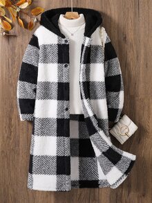 SHEIN 女童格纹单排扣连帽外套，秋冬 - 彩色 - 查看 3