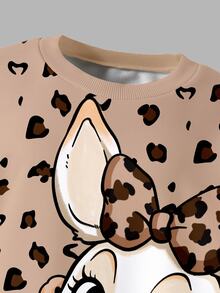 SHEIN Tween Girls 2pcs/Set Cute Rabbit Leopard Print Top, Crew Neck Sweatshirt Leggings Set, Cowgirl Matching Fall Brown Beige School Holiday - Multicolor - View 7