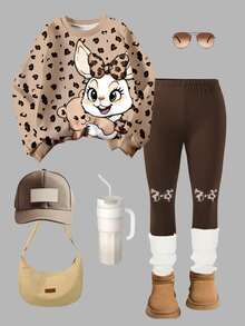 SHEIN Tween Girls 2pcs/Set Cute Rabbit Leopard Print Top, Crew Neck ...