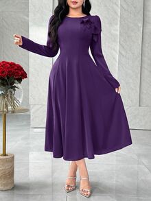 Feyla Women's Elegant Bowknot Decor Solid Color Long Sleeve Waist Cinched Mid-Length Dress, Spring/Autumn - Purple - View 2