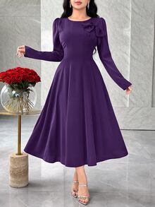 Feyla Women's Elegant Bowknot Decor Solid Color Long Sleeve Waist Cinched Mid-Length Dress, Spring/Autumn - Purple - View 5