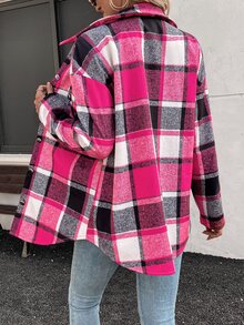 EMERY ROSE 女式落肩格子实用口袋休闲羊毛夹克，适合秋冬季 - 玫紅色 - 查看 2