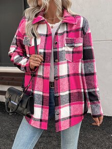 EMERY ROSE 女式落肩格子实用口袋休闲羊毛夹克，适合秋冬季 - 玫紅色 - 查看 5