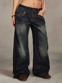 ROMWE Grunge Punk Spring/Summer Plus Size Women Retro Vintage Distressed Rivet Design Loose Low Waist Bell-Bottom Jeans - Dark Grey - View 4