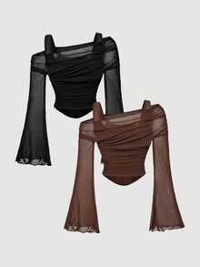 SHEIN MOD 2pcs Brown And Black Asymmetric-Shoulder Bell Sleeve T-Shirts, Asymmetrical Hem,Sexy Tops - Brown - View 2