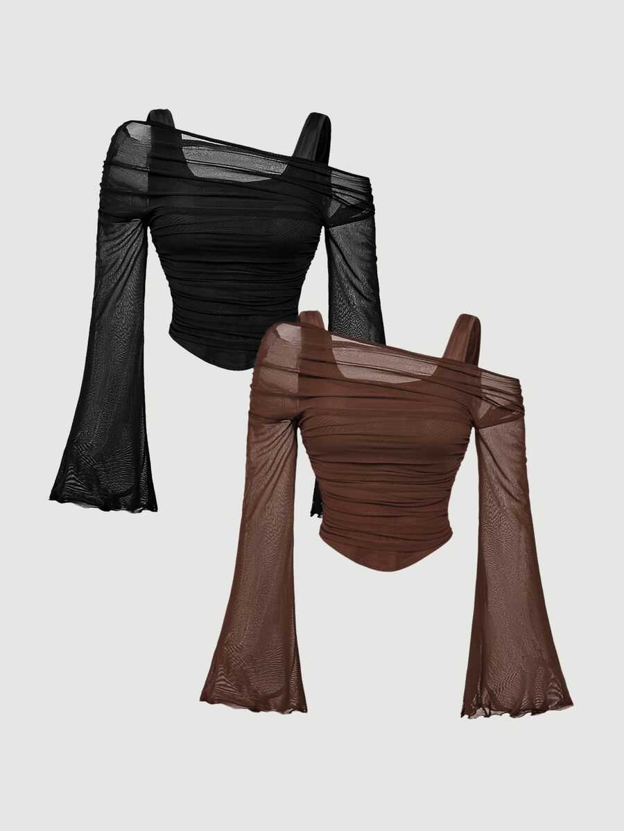 SHEIN MOD 2pcs Brown And Black Asymmetric-Shoulder Bell Sleeve T-Shirts, Asymmetrical Hem,Sexy Tops - Brown - View 1