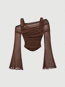 SHEIN MOD 2pcs Brown And Black Asymmetric-Shoulder Bell Sleeve T-Shirts, Asymmetrical Hem,Sexy Tops - Brown - View 6