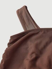 SHEIN MOD 2pcs Brown And Black Asymmetric-Shoulder Bell Sleeve T-Shirts, Asymmetrical Hem,Sexy Tops - Brown - View 3