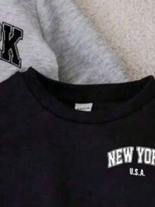 SHEIN 3件組男嬰休閒寬鬆極簡字母圖案圓領衛衣，藍色、灰色、黑色與白色，適合秋季1歲男童衣著，紐約風 - 彩色 - 查看 6