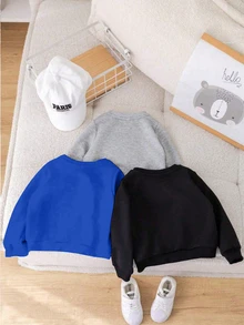 SHEIN 3件組男嬰休閒寬鬆極簡字母圖案圓領衛衣，藍色、灰色、黑色與白色，適合秋季1歲男童衣著，紐約風 - 彩色 - 查看 2