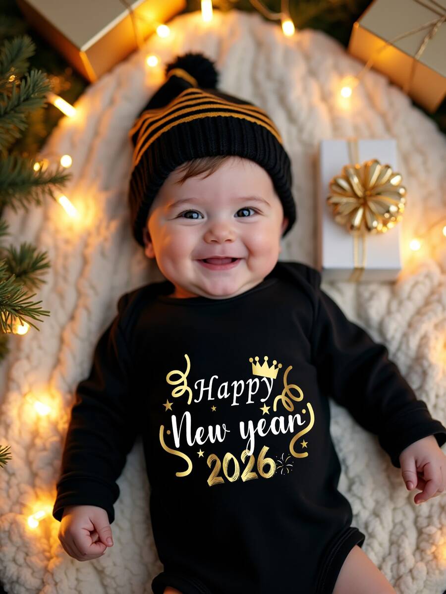 SHEIN 男嬰新年 2026 亮片字母印花長袖連身衣 假日派對金色皇冠星星圖案連身衣 黑色 - 黑色 - 查看 1