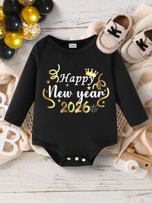 SHEIN 男嬰新年 2026 亮片字母印花長袖連身衣 假日派對金色皇冠星星圖案連身衣 黑色 - 黑色 - 查看 3