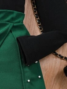 Tween Girls 2-Piece Elegant Winter Set, Ribbed Flounce Long Sleeve Tee Shirt With Dark Green Pearl Beaded Wrap Skort Shorts - Green - View 4