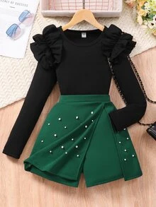 Tween Girls 2-Piece Elegant Winter Set, Ribbed Flounce Long Sleeve Tee Shirt With Dark Green Pearl Beaded Wrap Skort Shorts - Green - View 3