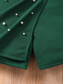 Tween Girls 2-Piece Elegant Winter Set, Ribbed Flounce Long Sleeve Tee Shirt With Dark Green Pearl Beaded Wrap Skort Shorts - Green - View 9
