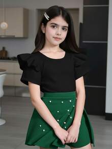 Tween Girls 2-Piece Elegant Winter Set, Ribbed Flounce Long Sleeve Tee Shirt With Dark Green Pearl Beaded Wrap Skort Shorts - Green - View 10