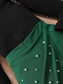 Tween Girls 2-Piece Elegant Winter Set, Ribbed Flounce Long Sleeve Tee Shirt With Dark Green Pearl Beaded Wrap Skort Shorts - Green - View 7