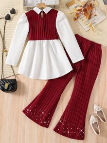 2pcs/Set Tween Girls Casual Striped Long Sleeve Shirt And Stretch Flare Pants Outfit, Suitable For Autumn/Winter - Red - View 2