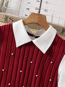 2pcs/Set Tween Girls Casual Striped Long Sleeve Shirt And Stretch Flare Pants Outfit, Suitable For Autumn/Winter - Red - View 5