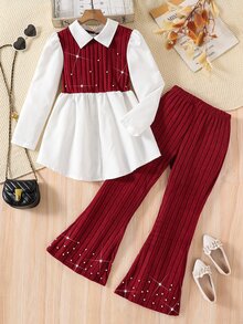 2pcs/Set Tween Girls Casual Striped Long Sleeve Shirt And Stretch Flare Pants Outfit, Suitable For Autumn/Winter - Red - View 1