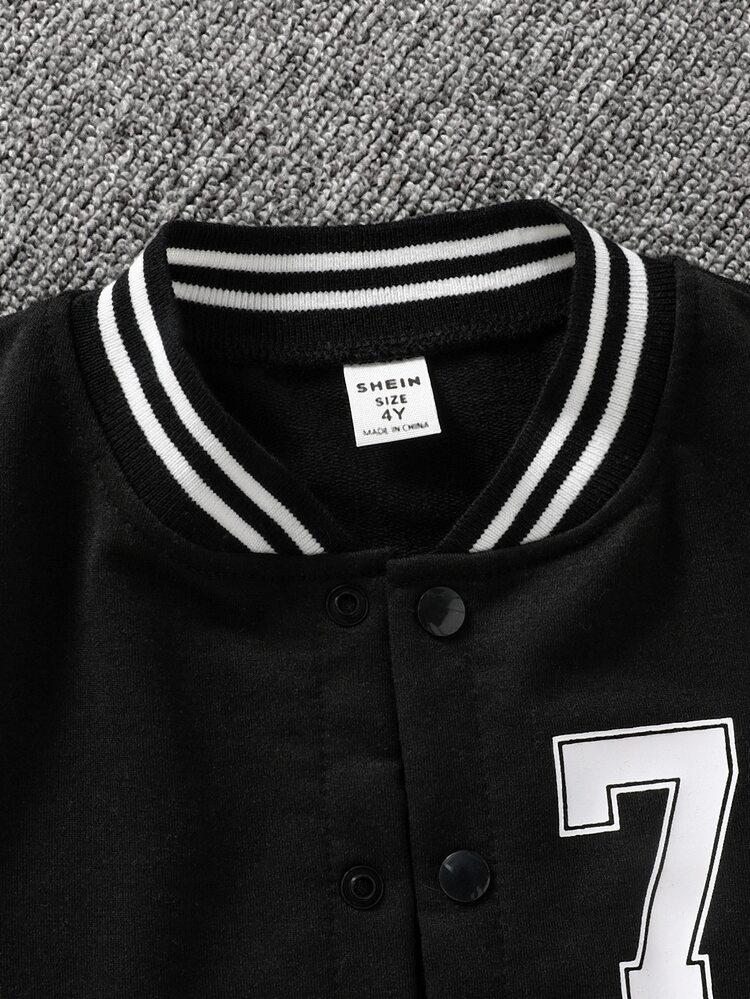 SHEIN Genkimix Kids 1pc Young Boy's Casual Baseball Jacket With Letter & Number Print,Long Sleeve,Autumn,Career Day,Back-To-School For 4-7 Years Old Boys Fall Winter - Black - View 6