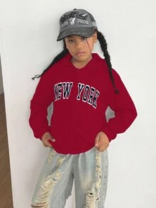 青少年女孩紅白色字母印花連帽拉鍊外套，保暖針織寬鬆運動街頭風，適合秋季返校與冬季穿著的運動衫 - 紅色 - 查看 5
